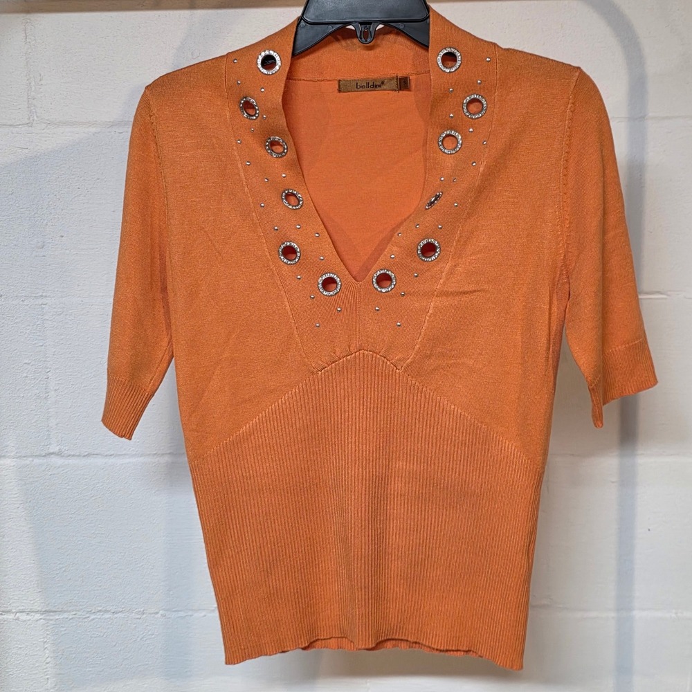 Y2K Belldini Orange Grommet V-Neck Short Sleeve Ribbed Knit Top Small